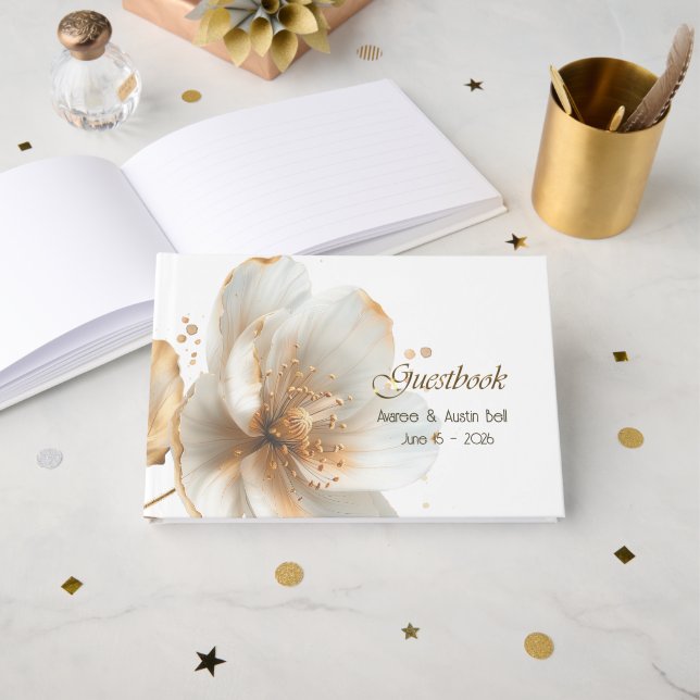 Modern Minimalist Gold and White Wedding Gästebuch (Vorderseite Offen)