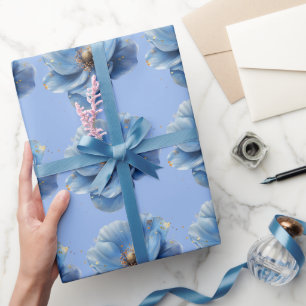 Modern minimalist Gold- und Blaue Mohnblume Geschenkpapier