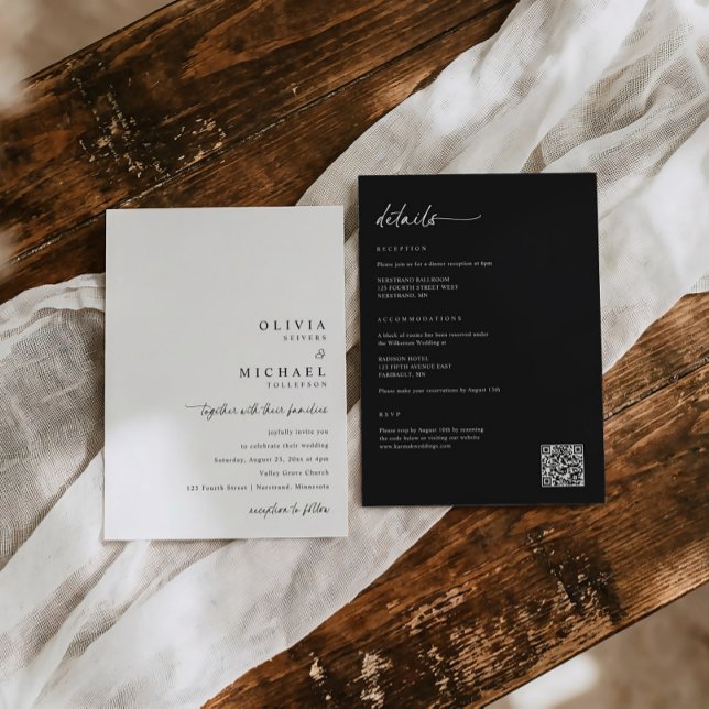 Modern Minimalist Handwriting All in One Wedding Einladung (Minimalist handwriting wedding invitation with details and rsvp and qr code on back.)