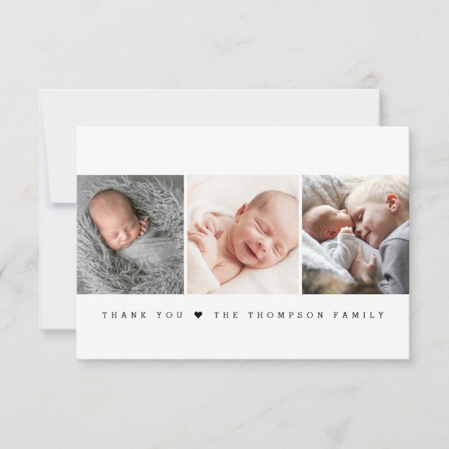 Modern Minimalist heart Newborn Photo Collage  Dankeskarte (Vorderseite)
