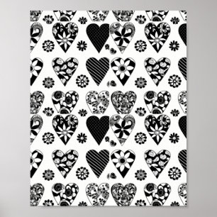 Modern minimalist Herzen & Blumen Schwarz & Weiß Poster