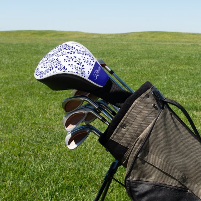 Modern Minimalist Navy Blue White Floral Script  Golf Headcover (In SItu)