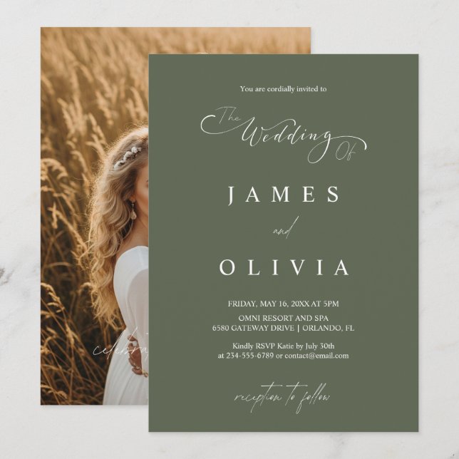 Modern Minimalist Olive Green Photo Wedding Invita Einladung (Vorne/Hinten)