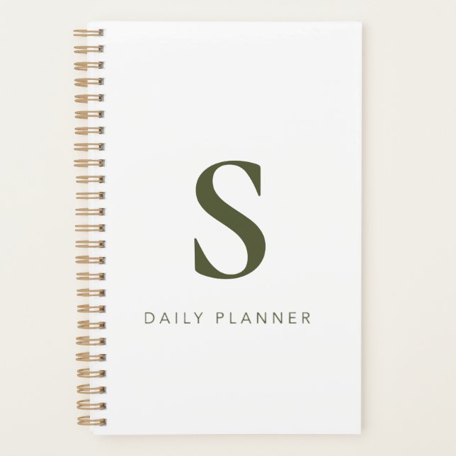 Modern minimalist Oliven-grüner Monogramm-Personal Planer (Vorderseite)