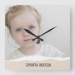 Modern Minimalist Photo & Perosnalized Text Pink Quadratische Wanduhr
