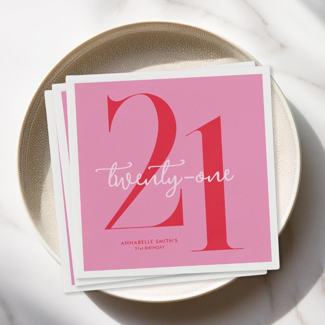 Modern Minimalist Pink Red 21st Birthday Serviette (Von Creator hochgeladen)