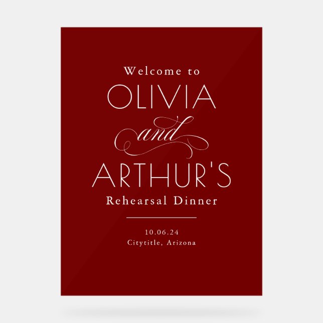 Modern Minimalist Red Rehearsal Dinner Welcome Acrylschild (Vorderseite)