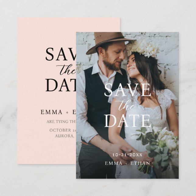 Modern minimalist rosafarben save the date (Vorne/Hinten)