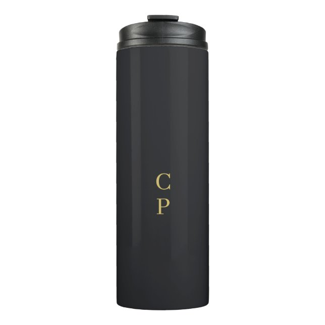 Modern minimalist schwarz & gold farbmonogramm thermosbecher (Vorderseite)