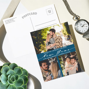 Modern Minimalist Script 3 Photo Collage New Year Feiertagspostkarte