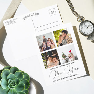 Modern Minimalist Script 4 Photo Collage New Year Feiertagspostkarte