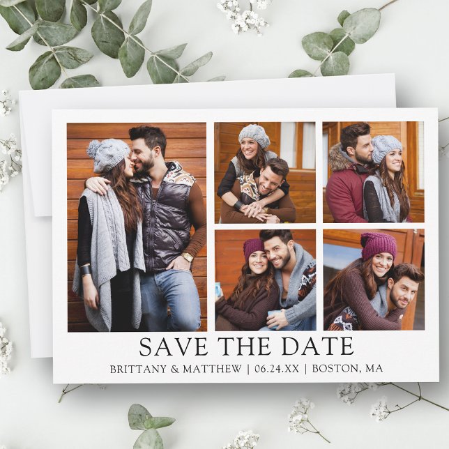 Modern Minimalist Simple 5 Photo Couple Save The Date (Customize to change text size, style or to add more text & photos to back of card.)