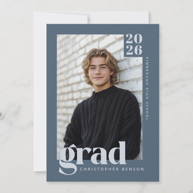 Modern Minimalist Slate Blue Grey Photo Graduation Einladung (Vorderseite)