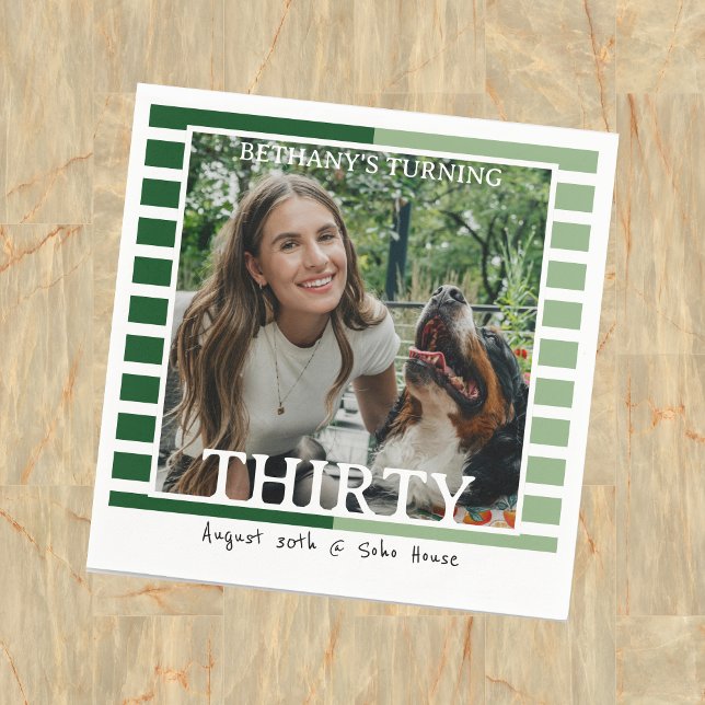 Modern Minimalist Striped 30th Birthday Photo Serviette (Celebrate the beginning of a new decade with this Modern Minimalist Striped 30th Birthday Napkin!)