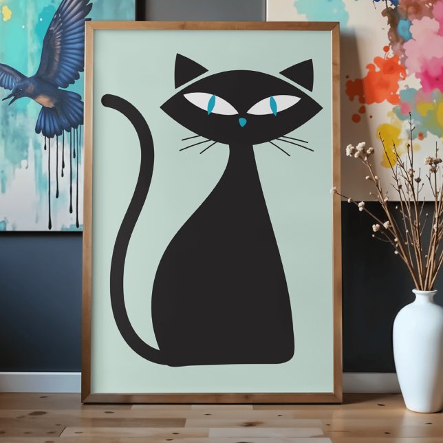 Modern Minimalist Stylish Retro Atomic Black Cat Poster (Von Creator hochgeladen)