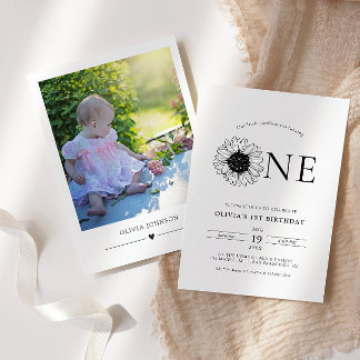 Modern Minimalist Sunflower 1st Birthday Photo Einladung