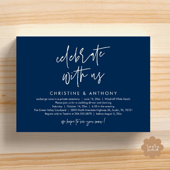 Modern Minimalist Wedding Reception Dinner Einladung (Modern Minimalist Wedding Reception Dinner Invitation Card, Celebrate with us, in Navy Blue)
