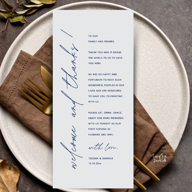 Modern Minimalist Wedding Reception Thank You Card Programm (Modern Minimalist Wedding Reception Dinner Thank You Card in navy blue and grey tones)