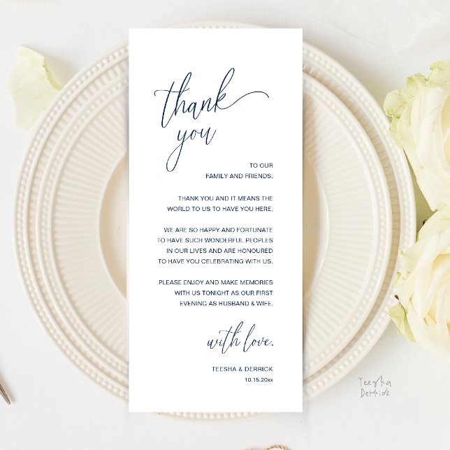 Modern Minimalist Wedding Reception Thank You Card Programm (Modern Minimalist Wedding Reception Thank You Card in Classy Navy Blue)