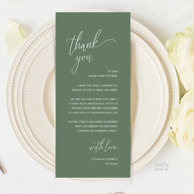 Modern Minimalist Wedding Reception Thank You Card Programm (Modern Minimalist Wedding Reception Thank You Card in Classy Sage Green)