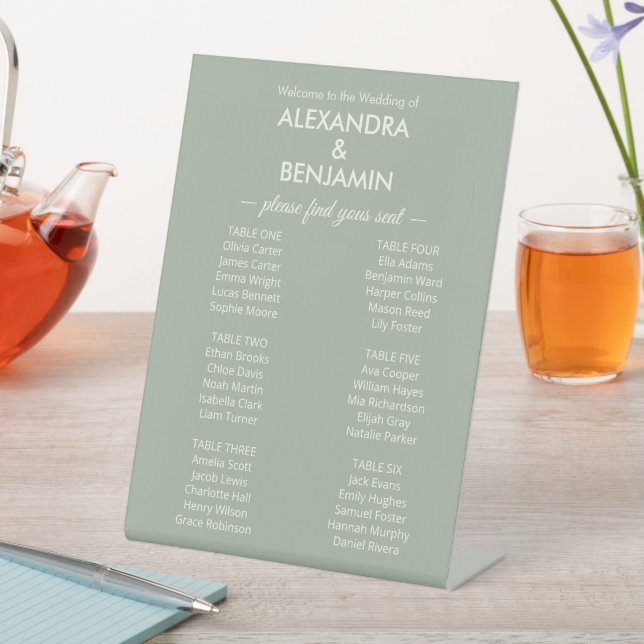 Modern Minimalist Wedding | Sage Green seating Sockelschild (In Situ)