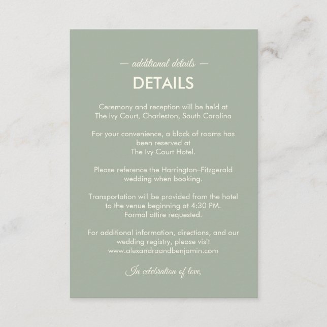 Modern Minimalist Wedding | Sage Green Timeless  Begleitkarte (Vorderseite)
