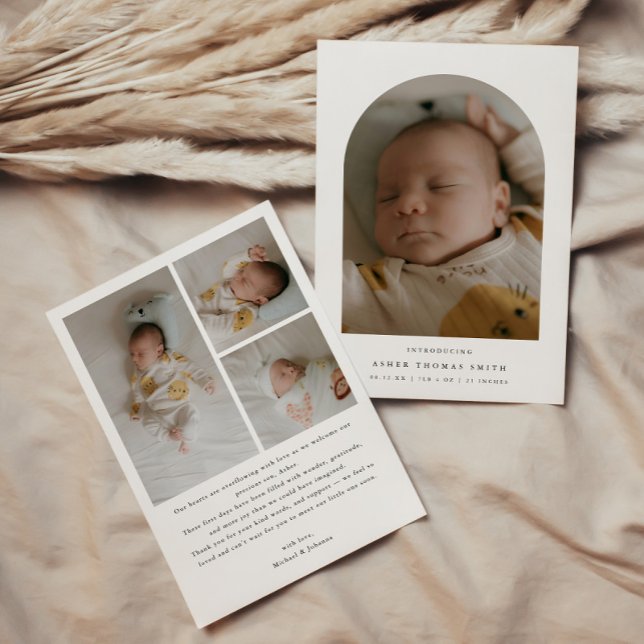Modern Minimalistic 4-Photo Arch Baby Birth Ankündigung (Von Creator hochgeladen)