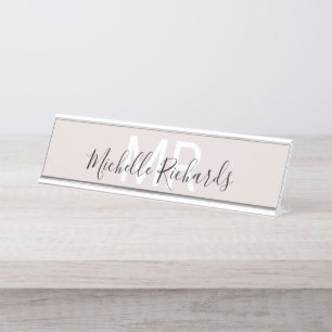 Modern minimalistisch-beigefarbener Monogramm-Schr Schreibtischnamensplakette