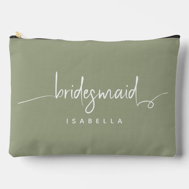 Modern Minimalistische Bridesmaid Script Sage Gree Zubehörtasche (Vorderseite)