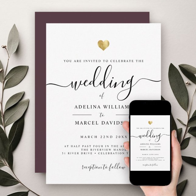 Modern Minimalistische, einfache Script-Kalligrafi Einladung (Wedding invitation featuring elegant script with a gold heart on a white card)