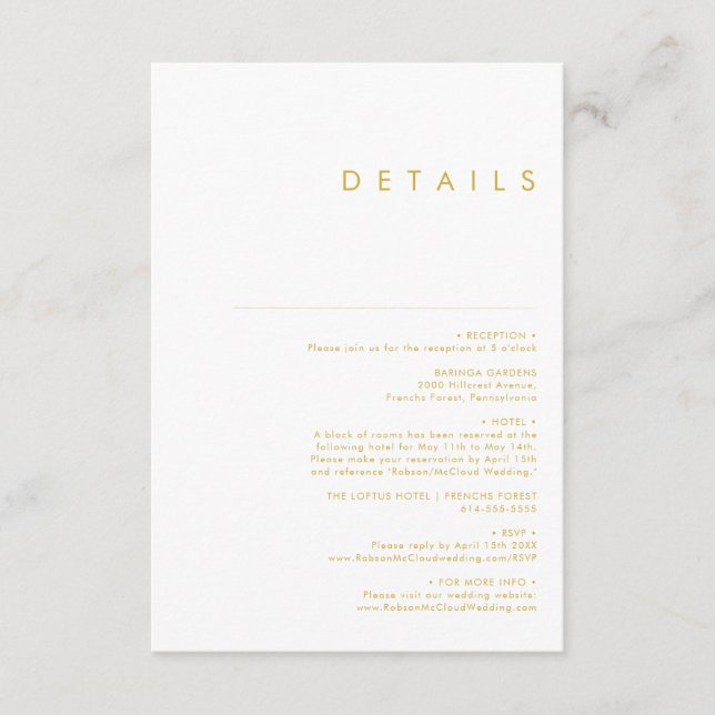 Modern Minimalistische Gold Schriftart Details Ein Begleitkarte (Vorderseite)