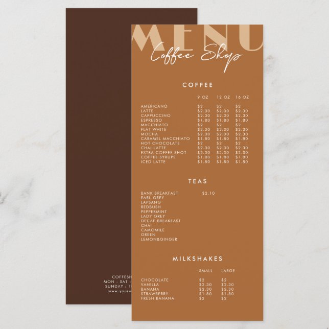 Modern Minimalistisches Coffee Shop Menü Menükarte (Vorne/Hinten)