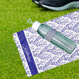 Modern minimalistisches Marineblau-Weiß-Blumen-Spo Handtuch