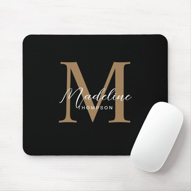 Modern Minimalistisches Script Black Gold Monogram Mousepad (Mit Mouse)