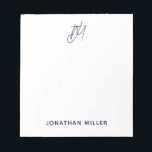 Modern Minimalistisches Script Monogram White Notizblock<br><div class="desc">Behalt alle deine Notizen, die mit diesem modernen, minimalistischen Script Monogramm Notizblock organisiert sind. Dieses Notizblock ist schlicht und elegant und eignet sich hervorragend für den Einsatz im Zuhause, im Büro oder unterwegs. Der weiße Hintergrund und das anpassbare marineblau blaue Skriptmonogramm machen dieses Notizblock zu einer stilvollen Ergänzung zu jedem...</div>