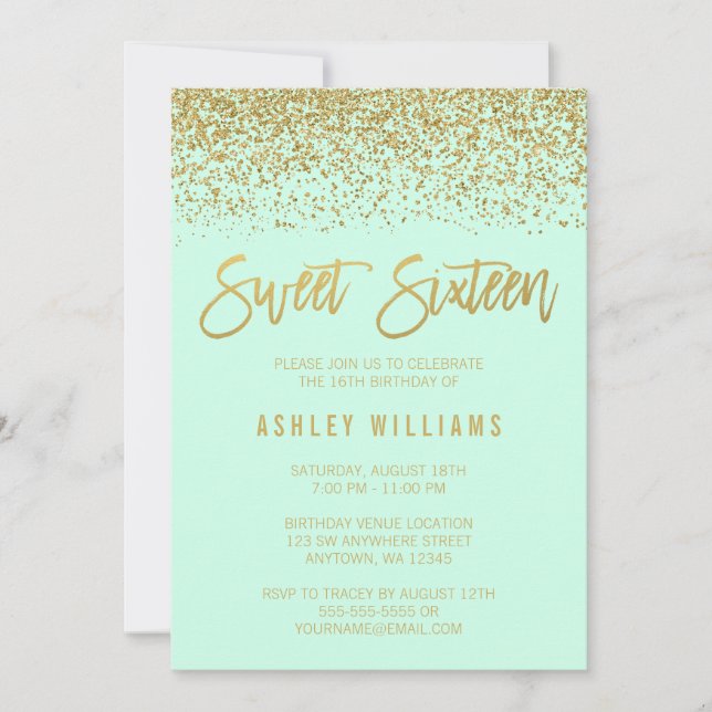 Modern Mint Imitats Gold Glitzer Sweet 16 Geburtst Einladung (Vorderseite)