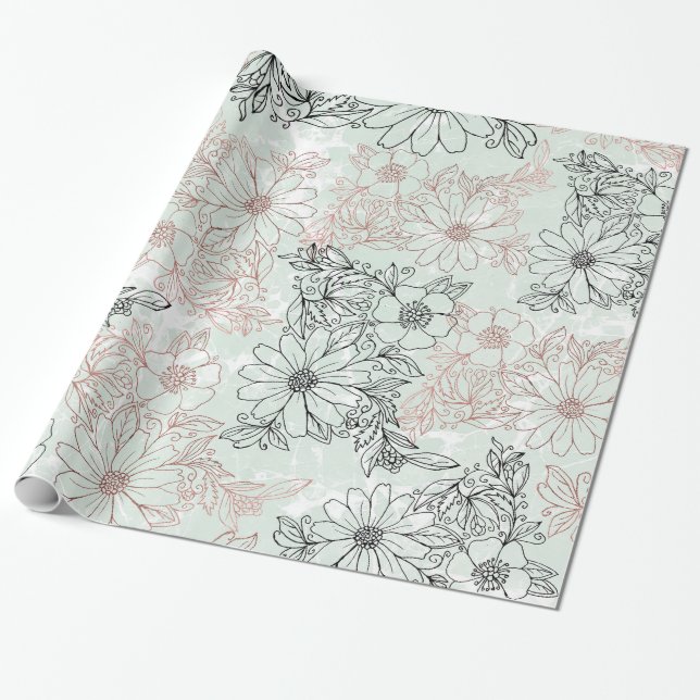Modern Minze Black Rose Gold Floral Marmor Geschenkpapier (Ungerollt)