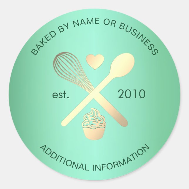 Modern Minze Green und Gold Bakery Cupcake Label Runder Aufkleber (Vorderseite)