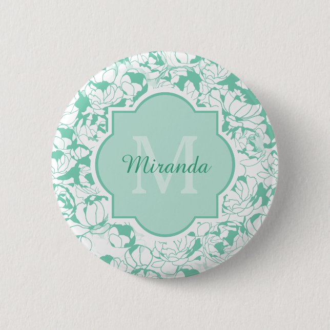Modern Minze grüne Blütencreme mit Namen Button (Vorderseite)