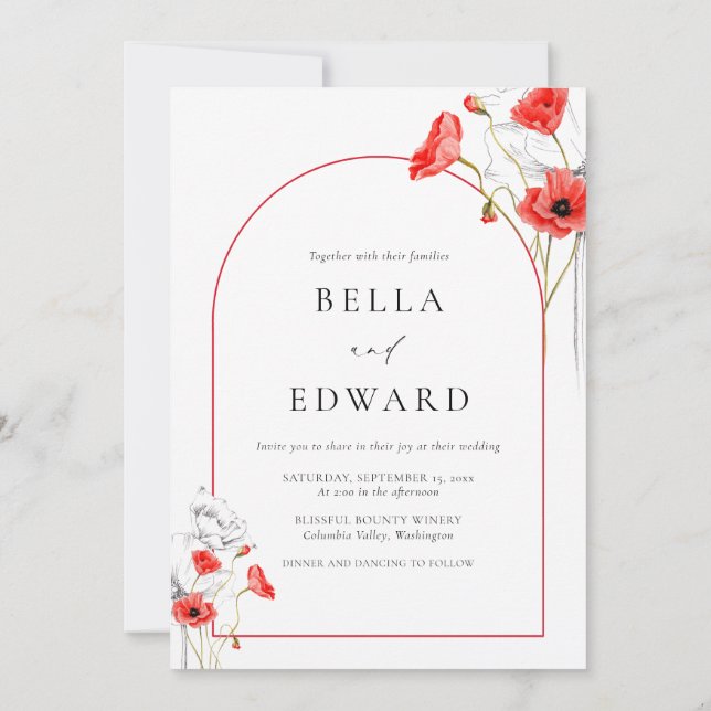 Modern Modern Poppy Red Blume Arch Foto Hochzeit Einladung (Rückseite)