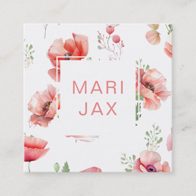Modern moderne Blume mit rosa Mohnblüten und Weiß Quadratische Visitenkarte (Vorderseite)