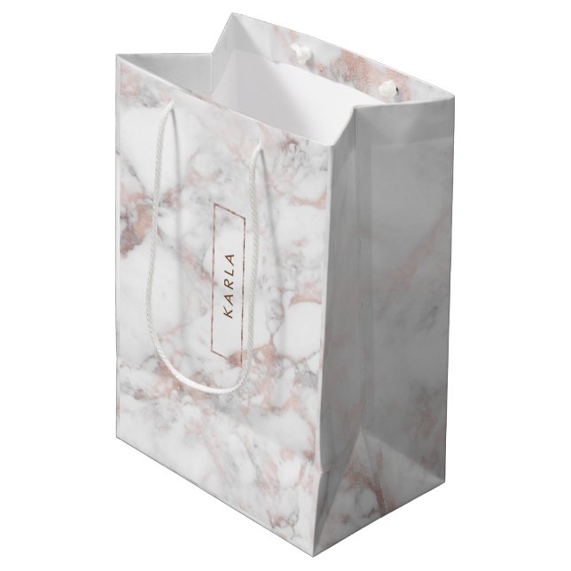 Modern Moderne Rose-Gold-Imitate Marmor Mittlere Geschenktüte (Vorderseite Schrägansicht)