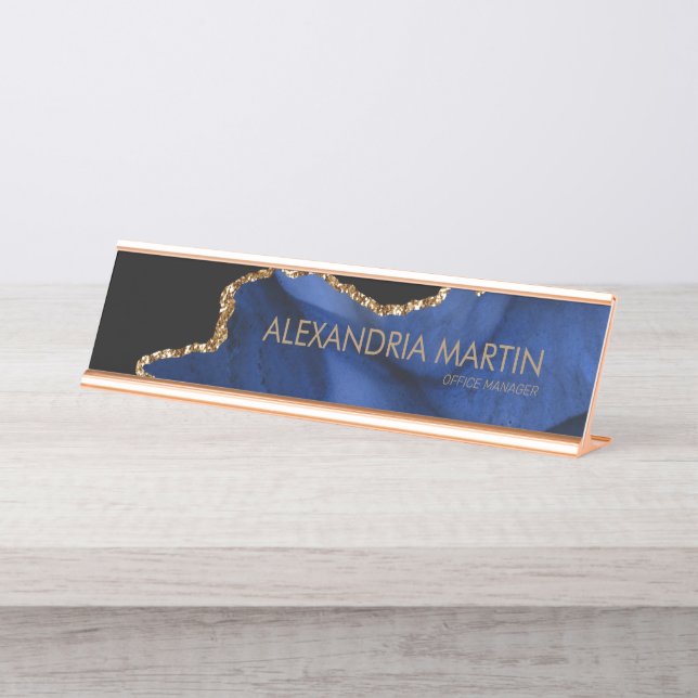 Modern moderner Navy Blue Gold Glitzer Marble Agat Schreibtischnamensplakette (Vorderseite )