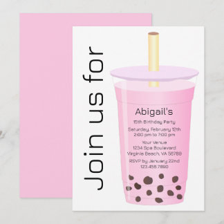 Modern moderner, weißer und rosa Boba Tea Geburtst Einladung