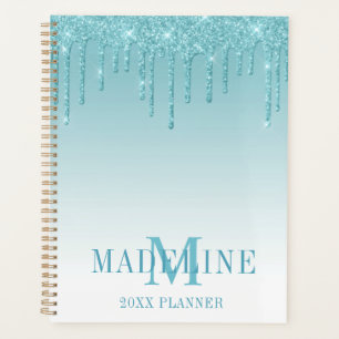 Modern modische Aqua Glitzer Monogram Planer