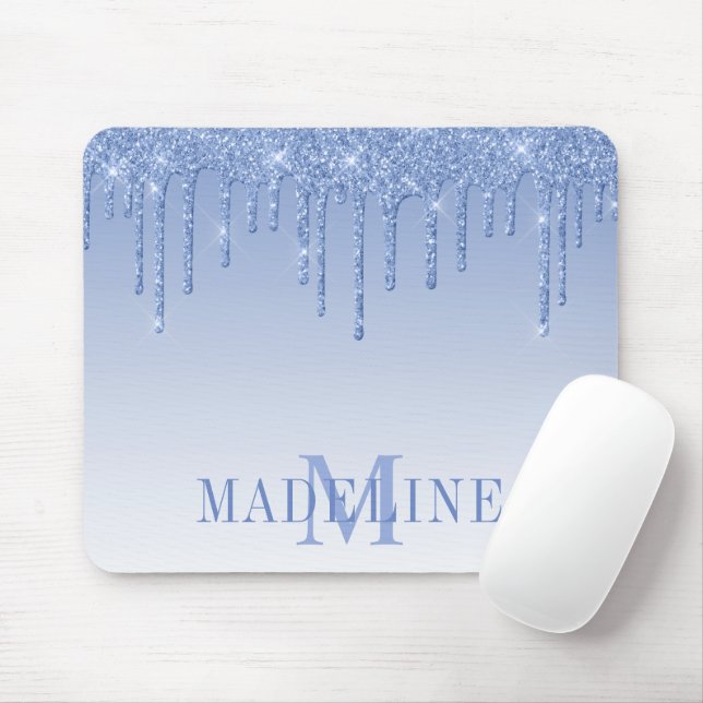 Modern modische Dusty Blue Glitzer Monogram Mousepad (Mit Mouse)