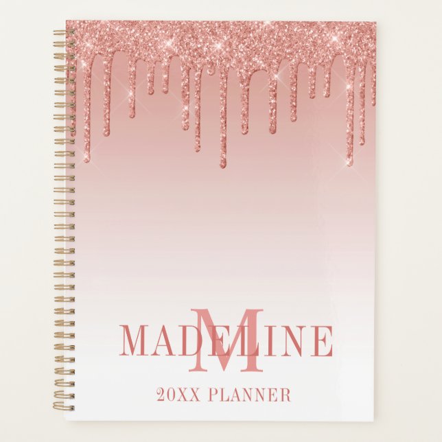 Modern modische Glitzer Rose Gold Monogram Planer (Vorderseite)
