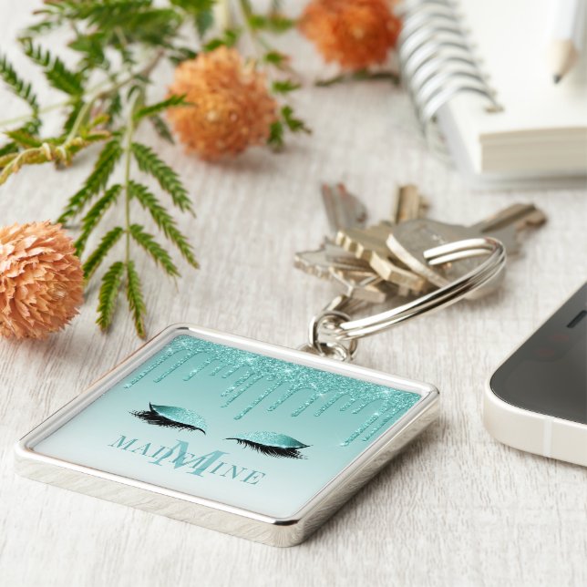 Modern modische Monogram Aquamarin Glitzer Lashes Schlüsselanhänger (Seite)