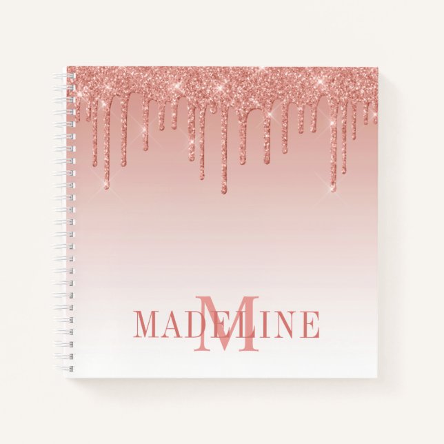 Modern modische Rose Gold Glitzer Monogram Notizbuch (Vorderseite)