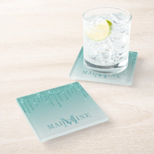 Modern modischer Aquamariner Glitzer Monogram Glasuntersetzer
